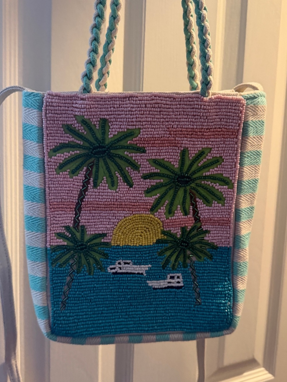Beaded Palm Sunset Tote Bag - Pink & Teal